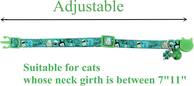 BoomBone St Patricks Day Cat Collar with Bell and Shamrocks Charm,Breakaway Small Dog Collar