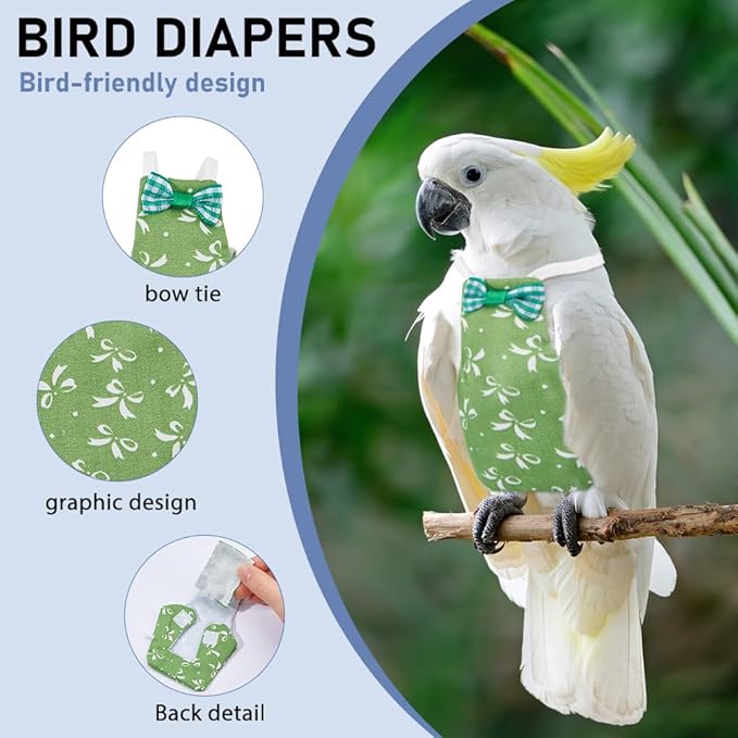 SUPERFINDINGS 6Pcs Bird Diaper Reusable Parrot Nappy with Washable Waterproof Cute Urine Wet Suit Green Pink Yellow Costume Cockatiel Clothes with Elastic Rope for Parrots Cockatiel Pet Birds(S-M)