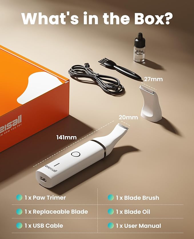 oneisall Dog Clippers with Double Blades,Cordless Small Pet Hair Grooming Trimmer,Low Noise for Trimming Dog's Hair Around Paws, Eyes, Ears, Face, Rump (White)
