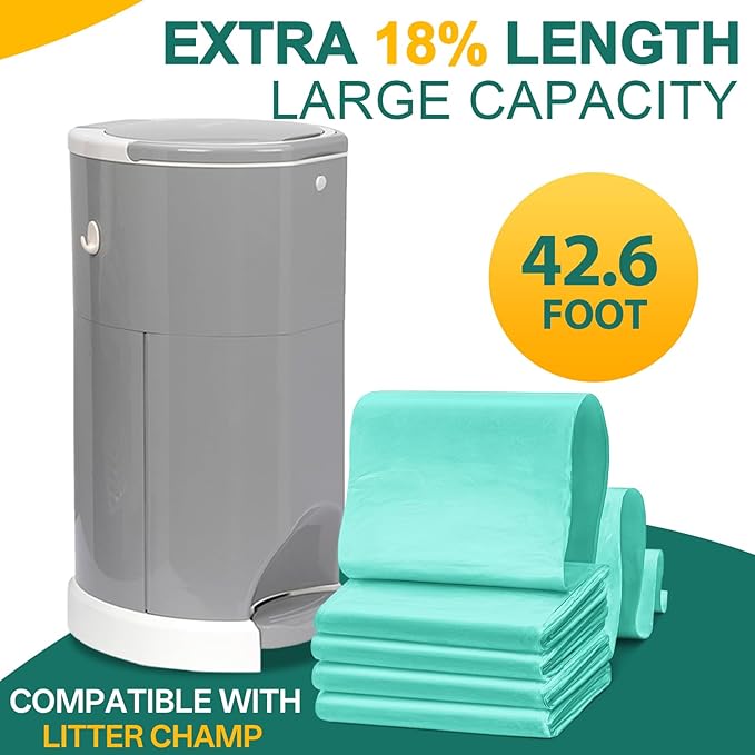6 Pack Refill Compatible with Litter Champ Refill Bags Pail,Each 42.6 Foot Length Cat Litter Refill Bags, Extra 27% Thickness More Durable, Powerful Odor Eliminate,NO Mess