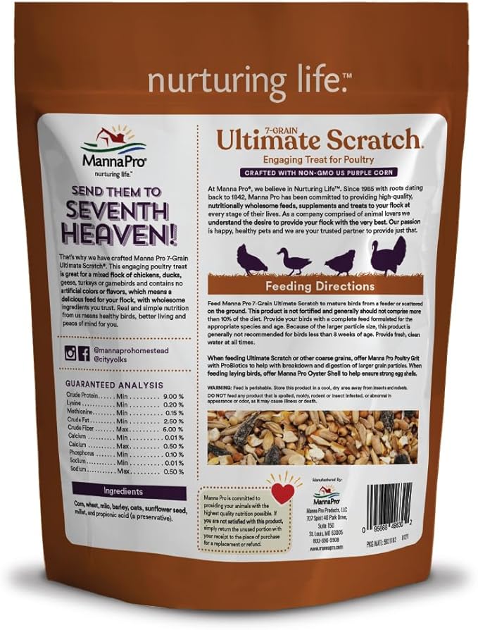 Manna Pro 7-Grain Ultimate Chicken Scratch – Non-GMO Scratch Grain Treat for Chickens, Hens and Other Birds – Natural Multigrain Blend for Poultry and Backyard Flocks – 10 lb Bag