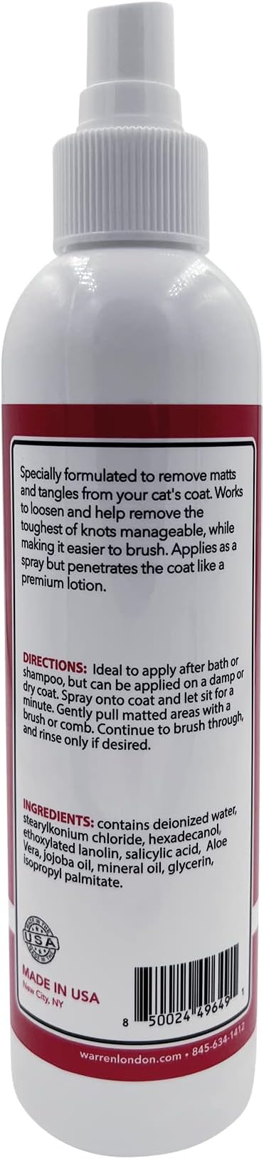 Warren London Cat Detangler Spray for Matted Hair | Leave in Conditioner Pet Detangling Spray that Demat & Refreshes | Use with Cat Brush or Grooming Glove | Made in USA | 8oz