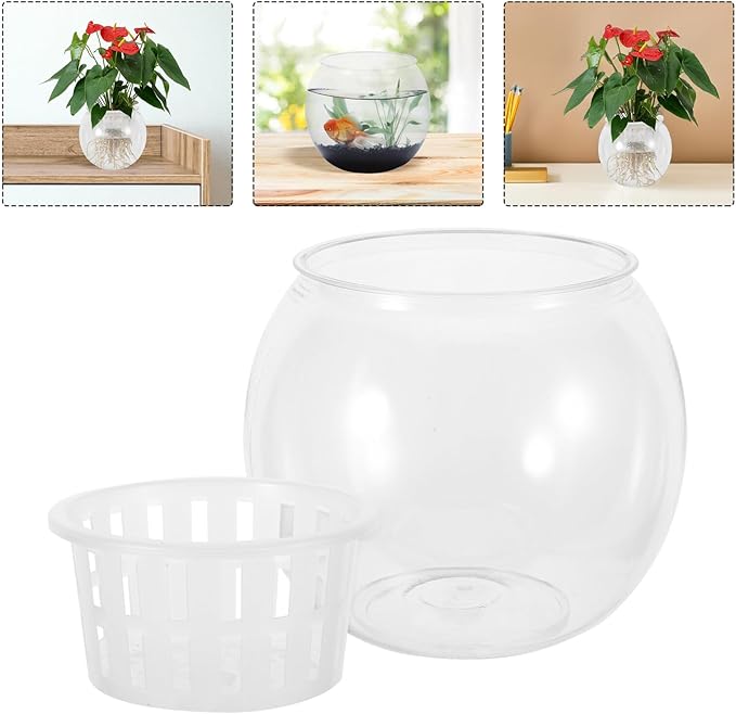 Desktop Micro Landscape Fish Bowl with Hydroponic Planter Basket, Plastic Betta Terrarium Bowl for Home Table Aquarium Accessories, Medium 110c Ecological Bottle