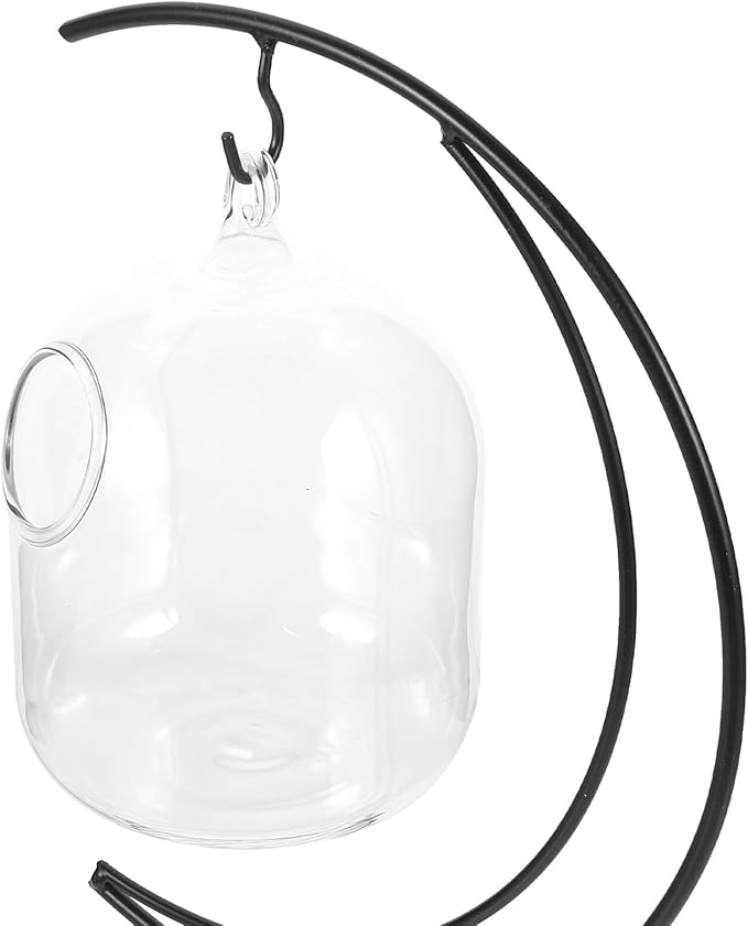 POPETPOP Hanging Glass Betta Fish Bowl with Moon-Shaped Iron Stand, 12cm Tabletop Aquarium Tank for Home Decor and Betta Fish Care