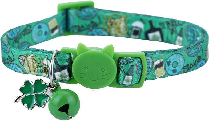 BoomBone St Patricks Day Cat Collar with Bell and Shamrocks Charm,Breakaway Small Dog Collar