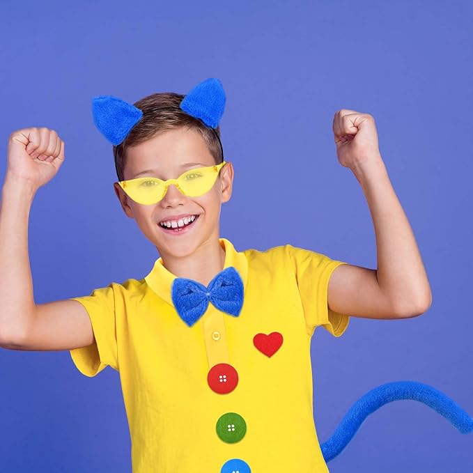 Blue Cat Costume Set Including Cat Ears Headband Yellow T-shirt Glasses for World Book Day Cosplay Party Supplies