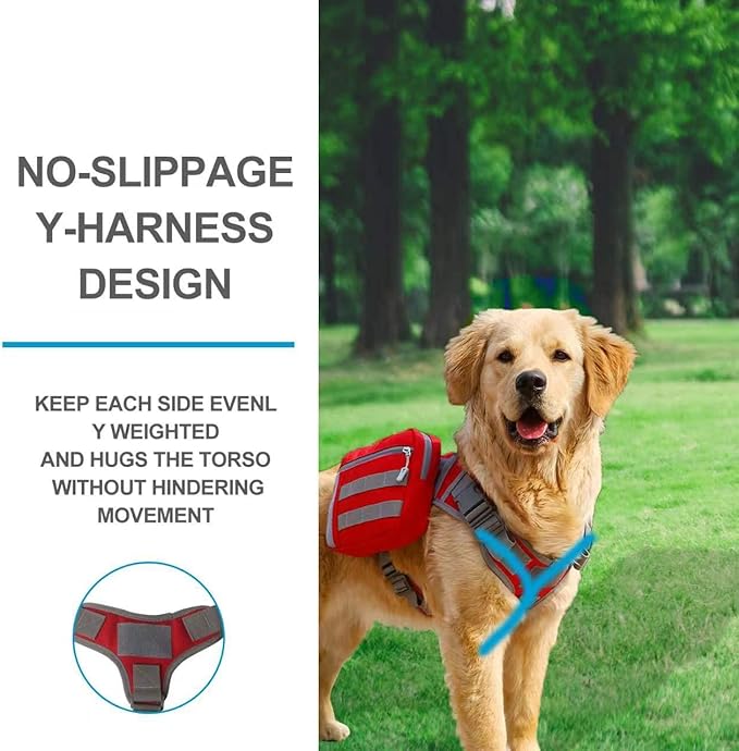 BYGD Dog Backpack for Medium to Large Dogs, Saddle Bag for Dogs to Wear for Hiking, Backpack Harness with Side Pockets for Hiking, Walking, Training, Running (L XL Red).