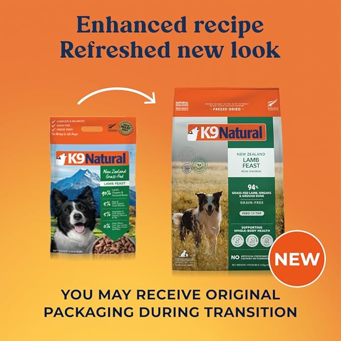 K9 Natural Lamb Freeze Dried Dog Food, High-Meat Natural Complete Meal or Meal Toppers for Dogs, Grass-Fed Lamb from New Zealand, Grain-Free, GMO-Free, Complete & Balanced Nutrition, 8lb