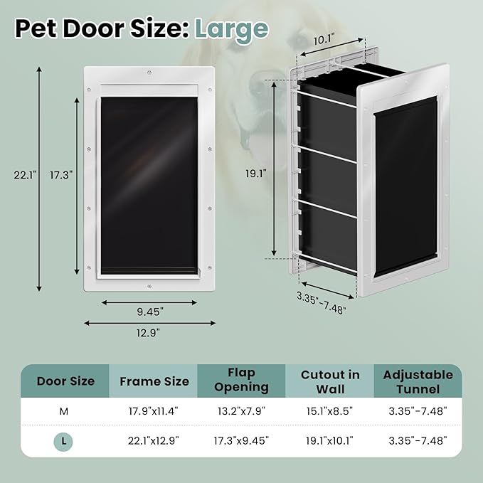 Dog Door 3 Flap, Plastic Dog Door for Wall, Large Doggy Door, Dogie Door for Interior & Exterior Walls, Magnetic Flaps, Insulation Flap, Closing Panel, Pet Door for Pets Up to 110lbs(Large)