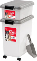IRIS USA 30 lbs & 11 lbs Combo Airtight Dog Food Storage Container, Stackable Treat Box, 2-Cup Scoop, Wheels, Keep Fresh, Easy Mobility, Silver