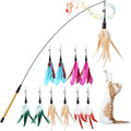 Pawaboo Feather Teaser Cat Toy, Interactive Wands Cats Toy Flying Feathers Cat Catcher with Extra Long 34.5" Wand and Small Bell, Playing Toys, 1 Wand + 10 Feathers, Multi-Color Feather Blend
