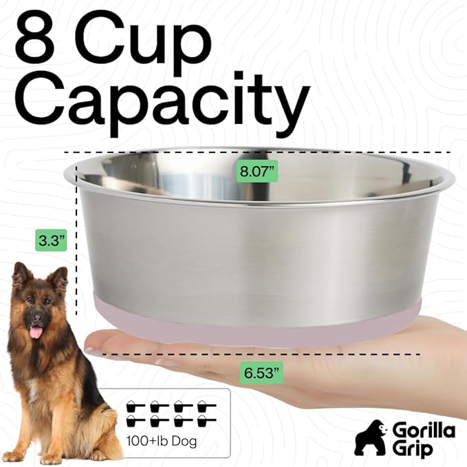 GORILLA GRIP Set of 2 Dog Bowls, Holds 8 Cups (64 fl oz), Heavy Duty Metal Food and Water Bowl for Feeding Dogs and Cats, Dishwasher Safe, Rust Resistant Stainless Steel, BPA Free Rubber Base, Lt Pink