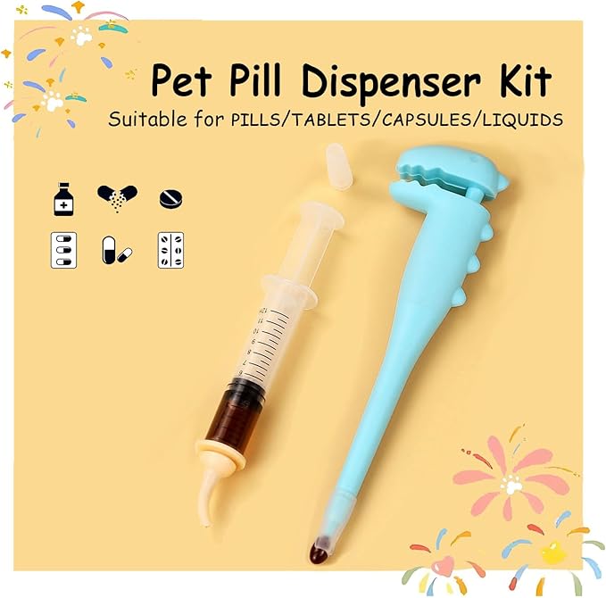 Pet Pill Dispenser, Pet Piller Gun Oral Tablet Capsule,Silicone Syringes for Cats, Dogs and Small Animals (Blue-Pusher+Syringe)