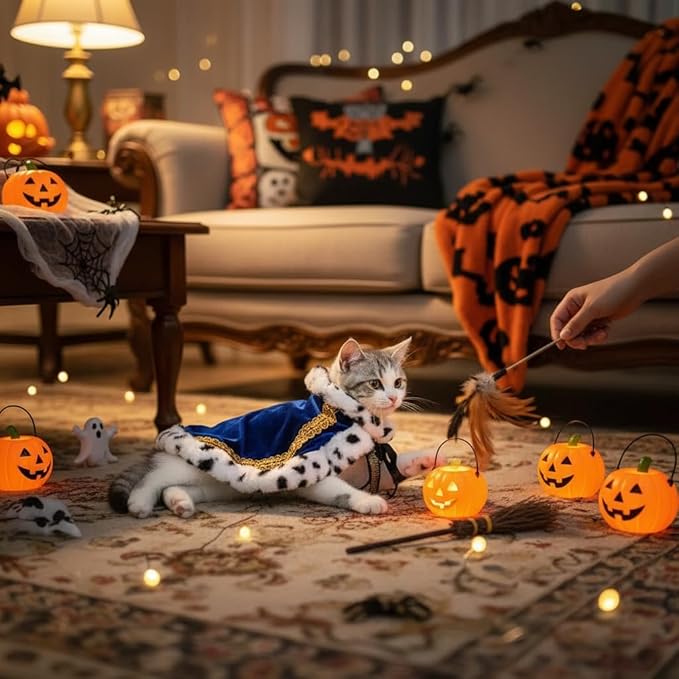 Lovelyshop pet Serial Lux Fur Blue Cat Dog Cloak for Halloween Costumes, King Queen Prince and Princess Cosplay-S