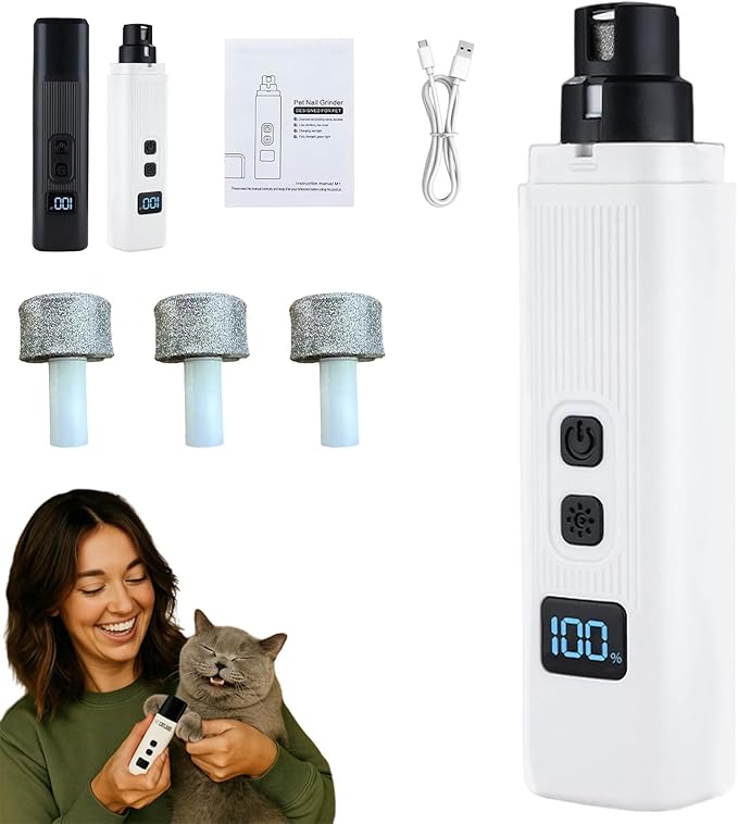 Cat Nail, Nail Trimmer, Dog Nail Grinder, Safe Cut Cat Nail Trimmer, Two Adjustable with 360° Grinding Settings, for All Cats ＆Dogs (White)