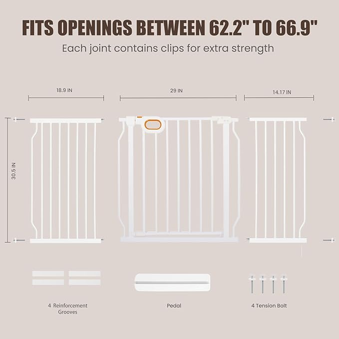 Extra Wide Baby Gate with Door Pressure Mounted 62.2-66.9 Inch,Child Dog Baby Safety Gates for Doorways,Walk Through Dog Gate Indoor for The House Kitchen Stairs No Drilling,White