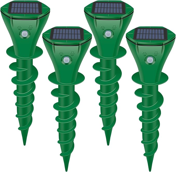 Mole Repellent Solar Powered Ultrasonic,Deer Repellent Devices,Gopher Trap Groundhog Repeller,Sonic Spikes Get Rid of All Pests Vole, Chipmunk,Cat,Skunk,Snake,Mole Trap for Lawn, Garden Yard (4P)