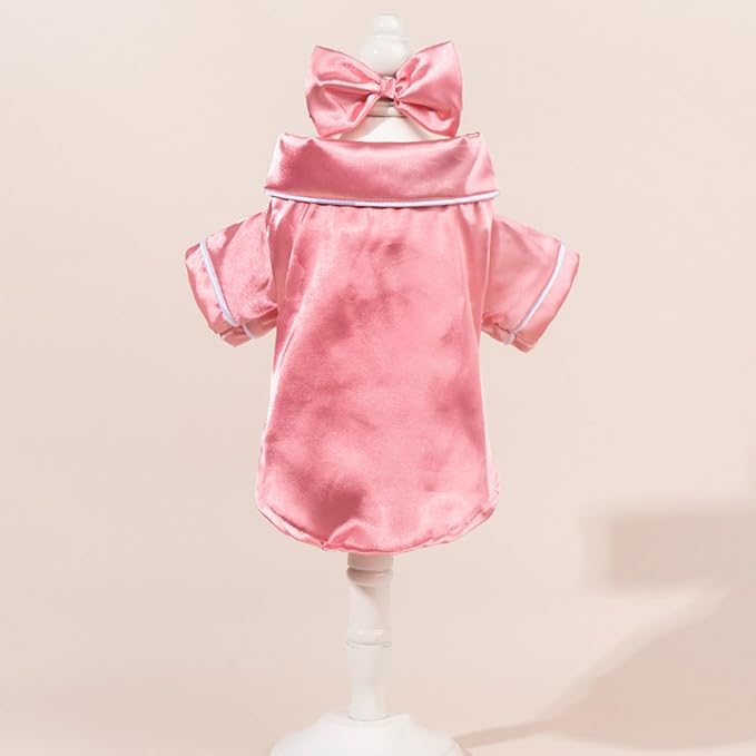 Cat Puppy Costume Elegant Satin Pajamas with Bow Headband 2PCs Set Pet Sleepwear Cute Pet Outfit Cosplay Partywear Photoshoots (Pink Set,Small)