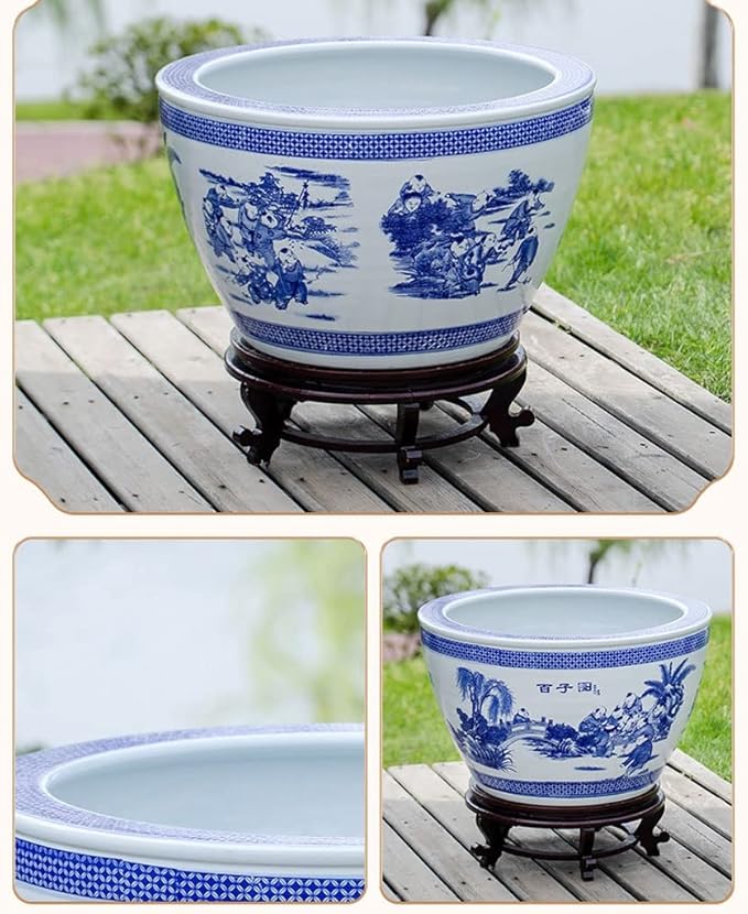 Fish Tabk Chinese Style Blue and White Ceramic Goldfish Bowl Fish Tank Balcony Fish Culture Tank Courtyard Lotus Tank Turtle Tank Aquarium Starter Kits Cool Fish Tank(Color:A,Size:63cm)