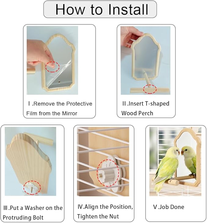 Mirror with Perch for Parrots, Wooden Standing Bird Mirror Toy Chewing Perch with Reflective Mirror for Cockatiel, Lovebird, Parakeet, Bird Cage Accessories ﻿ (Large Mirror 21cm)