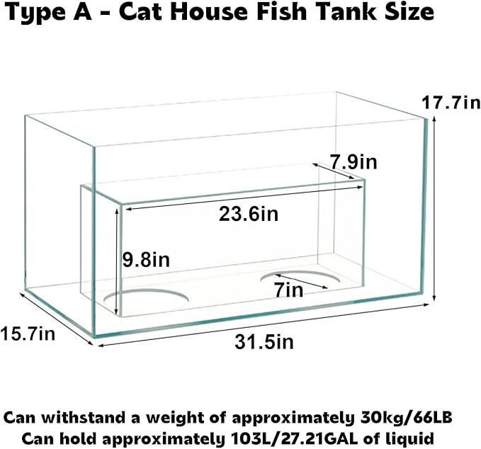 20 Gallon Cat Bed Aquarium Fish Tank - Immersive Viewing Glass Cat Cave, Cat Entertainment Equipment with Tunnel for Indoor Cats, Turtle & Betta（31.5x15.7x17.7in） A 31.5x15.7x17.7in