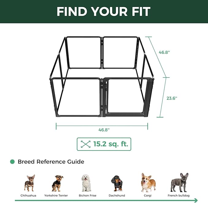 FXW AuraSpace Pro Metal & Acrylic Indoor Dog Playpen, All-Acrylic Clear Heavy-Duty Design, 24" Height 8 Panels for Puppies & Small Dogs, Black│Patented