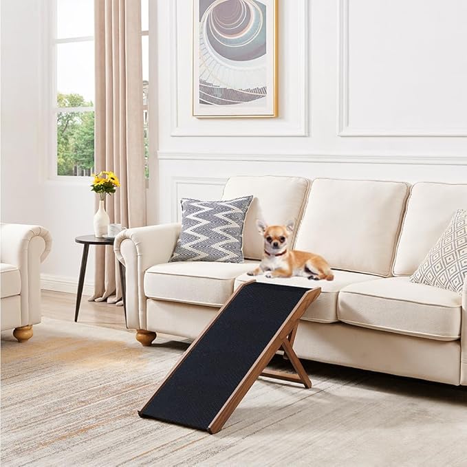 beeNbkks Pet Ramp for Small Dogs Cats, Foldable Wooden Dog Ramp with Safe Landing Platform and Non-Slip Traction Rubber Mat, 4 Adjustable Heights, for Elderly Injured Pet to Reach Couch Sofa High Bed