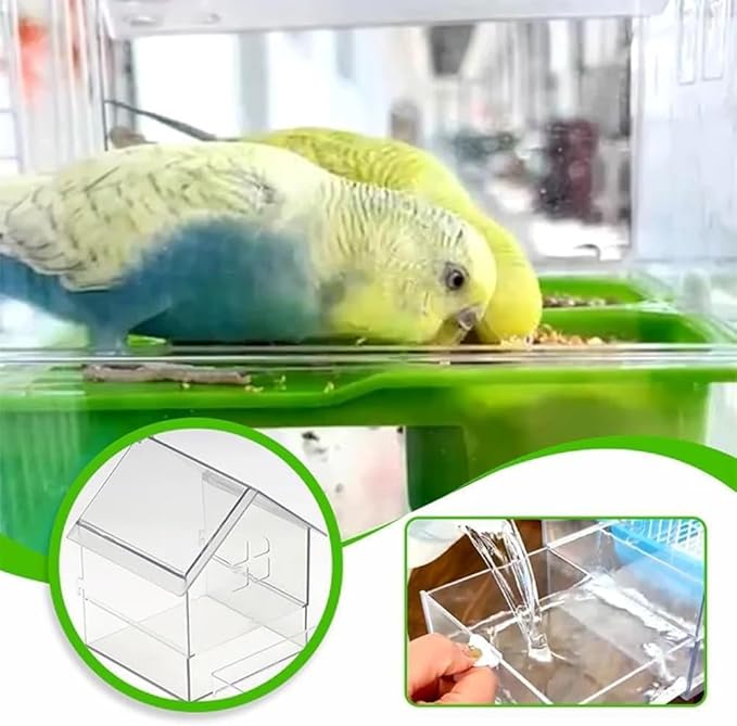Pull-Out External Parrot Feeder, Clear Hanging Bird Feeder House, No Mess Bird Feeders for Cage, Birds Feeding & Watering Supplies for Parakeet Canary Cockatiel Finch (Green)