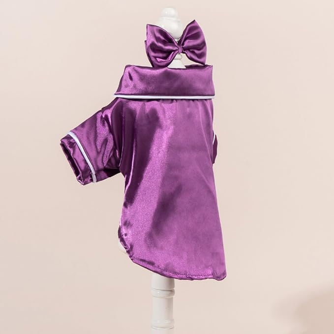 Cat Puppy Costume Elegant Satin Pajamas with Bow Headband 2PCs Set Pet Sleepwear Cute Pet Outfit Cosplay Partywear Photoshoots (Purple Set,Small)
