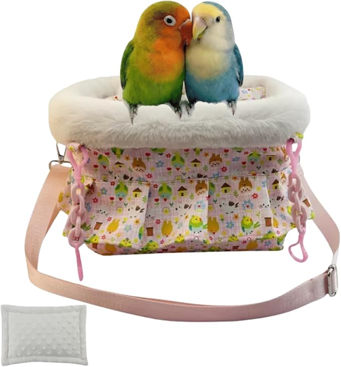 2 in 1 Warm Bird Carrier Bag, Bird Hammock Bed for Cage, Winter Travel Bag, Portable Parrot Outing Bag for Lovebird, Budgie, Conure, Quaker, Small Medium Birds (Pink,Small)