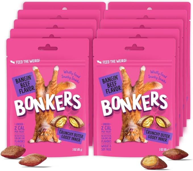Bonkers Cat Bites, Crunchy & Soft Bangin' Beef Flavor Treats, Low Calorie, Training or Food Topper, 3 OZ Resealable Bag for All Breeds and Ages, Value Pack (10 Pack)