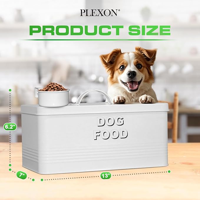 Plexon Metal Dog Food Storage Container with Scoop - Small Dog Food Container 10lbs Holder Treat Jar Bin with Lid - Pet Chow Storage Canister Tin, 2 Gallon, White
