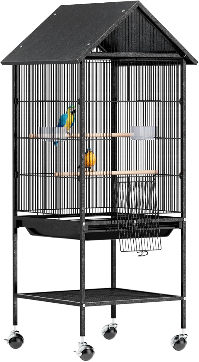 VINGLI Bird Cage with Wheels, 50 inch Wrought Iron Cage with Spire Roof, Bird Cages with Rolling Stand for Parrots, Cockatiels, Budgies, Lovebirds, Small/Medium Birds (50" H with Spire Roof)