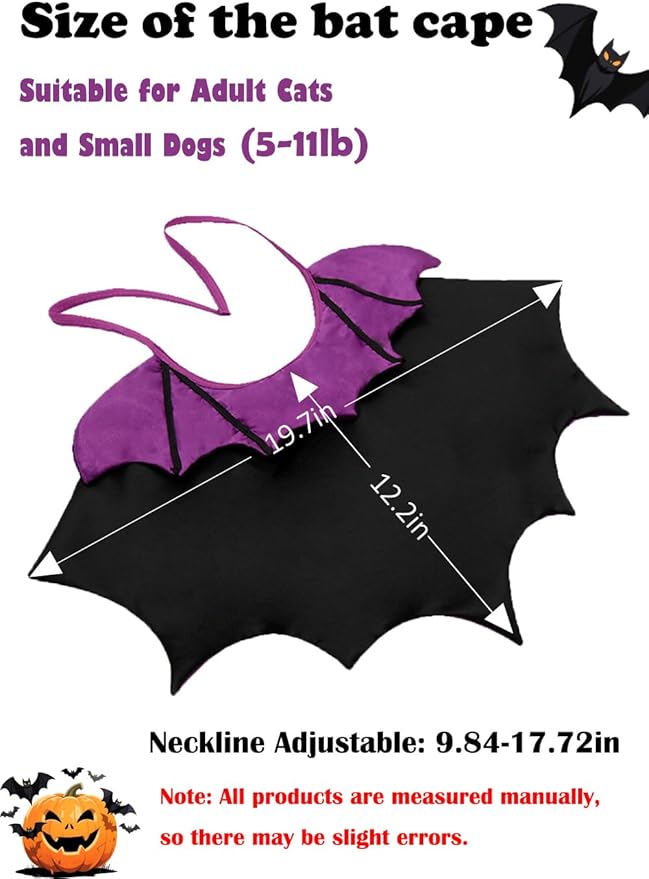 Cat Halloween Costume, Vampire Bat Wings Cape for Pets, Small Dog Halloween Costumes for Trick-or-Treating, Cosplay Events, Parties & Photos (Purple)