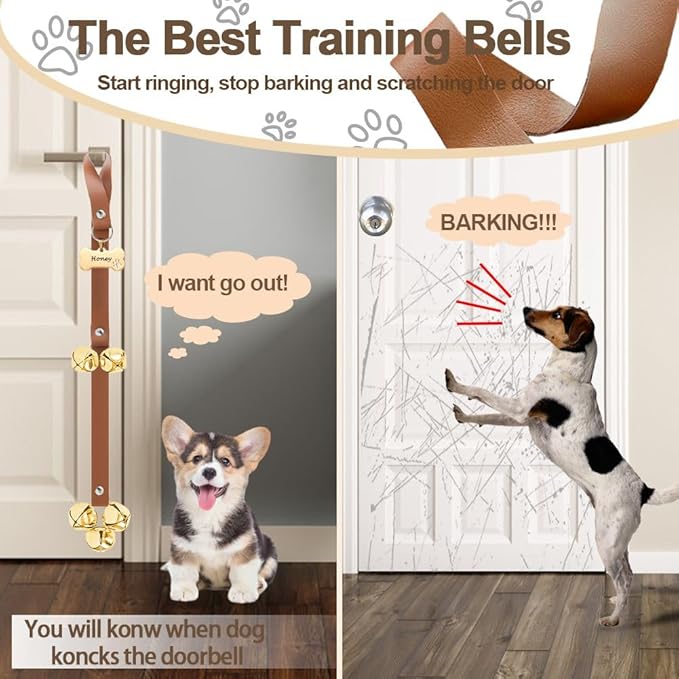 Leather Dog Bells, Puppy Potty Training Bell Dog Doorbell Potty Train Dog Bell for Potty Training Door Bells for Dogs to Ring to Go Outside Jingle Bells (Leather Brown, Bone New 1 PCS)