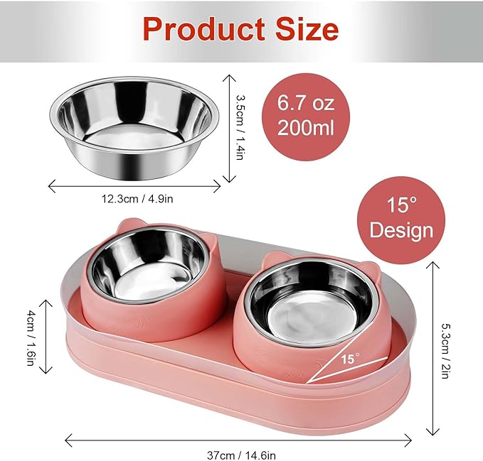 Elevated Cat Food Bowls, Raised Cat Bowl with Stand Stainless Steel, Tilted Bowls Anti Vomiting, Double Cats Food and Water Bowl Set for Cats (Pink)