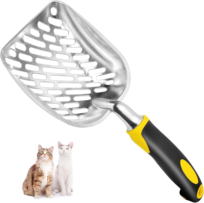 Cat Litter Scoop-Metal Cat Scooper-Long Handle Scoop,Cat Scooper-Poop Sifting-Mesh Shovel-Suitable for Cat Litter Box, (Yellow)
