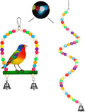 2PCs Swing Parrot Toy Spiral Perch Bird Cage Toy Colorful Wood and Glow Beads with Metal Bell for Small to Regular Parrot Parakeets,Macaw,Conure, Cockatiel, Finchess