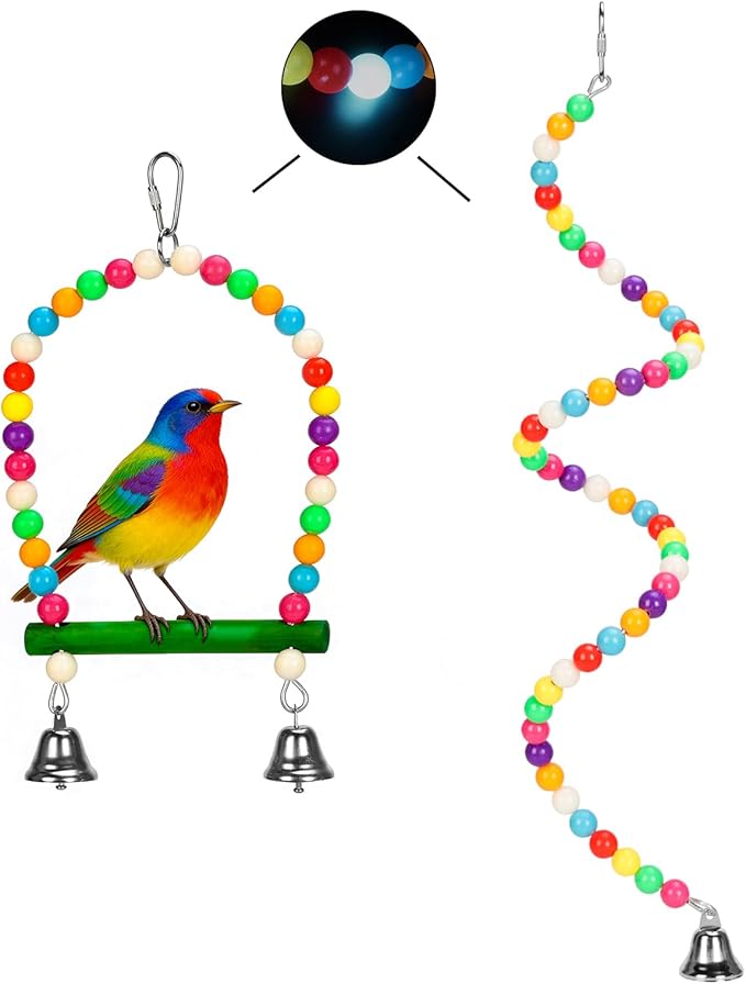 2PCs Swing Parrot Toy Spiral Perch Bird Cage Toy Colorful Wood and Glow Beads with Metal Bell for Small to Regular Parrot Parakeets,Macaw,Conure, Cockatiel, Finchess