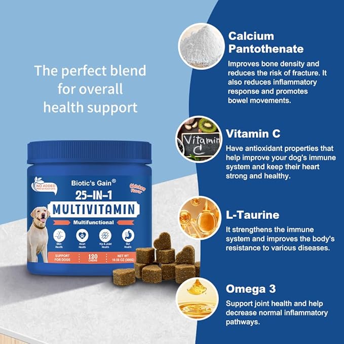 Biotic’s Gain 25-in-1 Multivitamin for Dogs | Chicken Flavour Soft Chews | Supports Skin, Heart, Hip & Joint and Gut Health | Daily Nutrient Boost for All Breeds (25 in 1 Multivitamins)