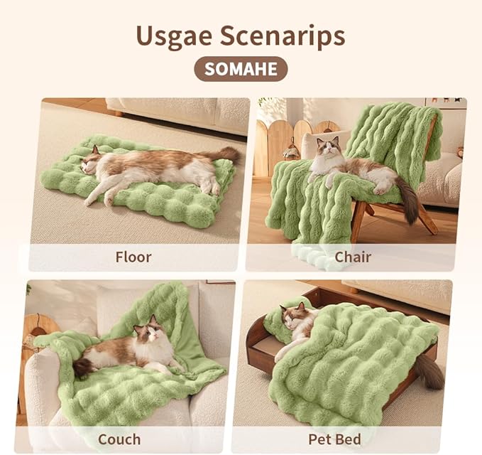 Self-Warming Cat Blanket for Indoor Cats & Small Dogs, Dual-Side Sherpa Plush Throw, Anti-Static Shared Couch Mat for Crate & Travel, Machine Washable No Shrink, 28x22 Inch Green