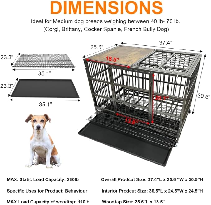 38" Furniture Dog Crate for Large Dogs, Heavy Duty Dog Kennel Indoor with Removable Crate Trays, Wheels and Stylish Wooden Top, Extra Large XL XXL Dog Cage, Woodtoop