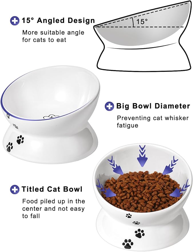 Y YHY Elevated Tilted Cat Bowl, Raised Pet Bowl for Adult Cats or Dogs, Ceramic Food Dish 10 oz, White