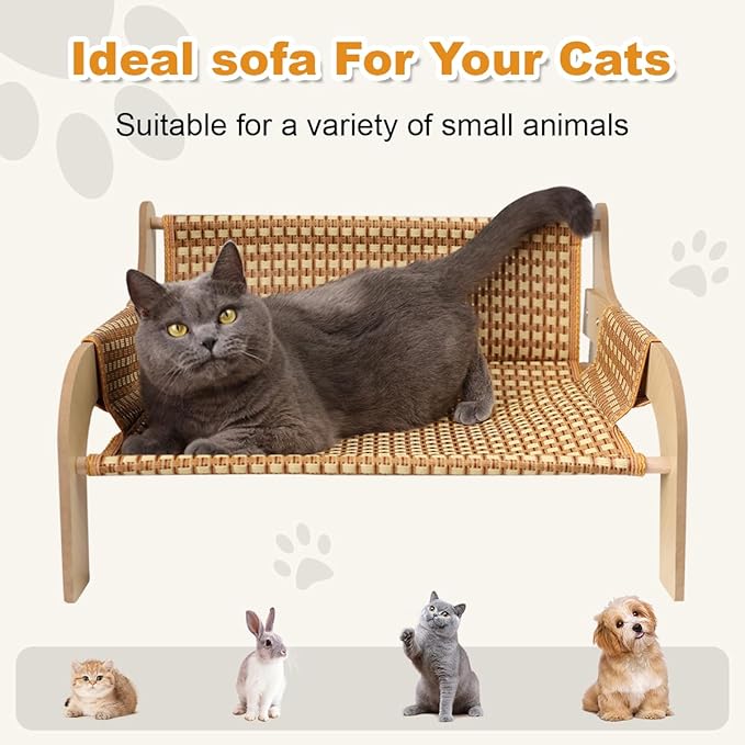 2 in 1 Large Woven Rattan Cat Couch Bed with 19x 14'' Removable Plush Pad Mat, Pet Sofa for Indoor Elevated Cat Beds Suitable for Kitty, Puppy or Small Animal (Supports 33 lbs)