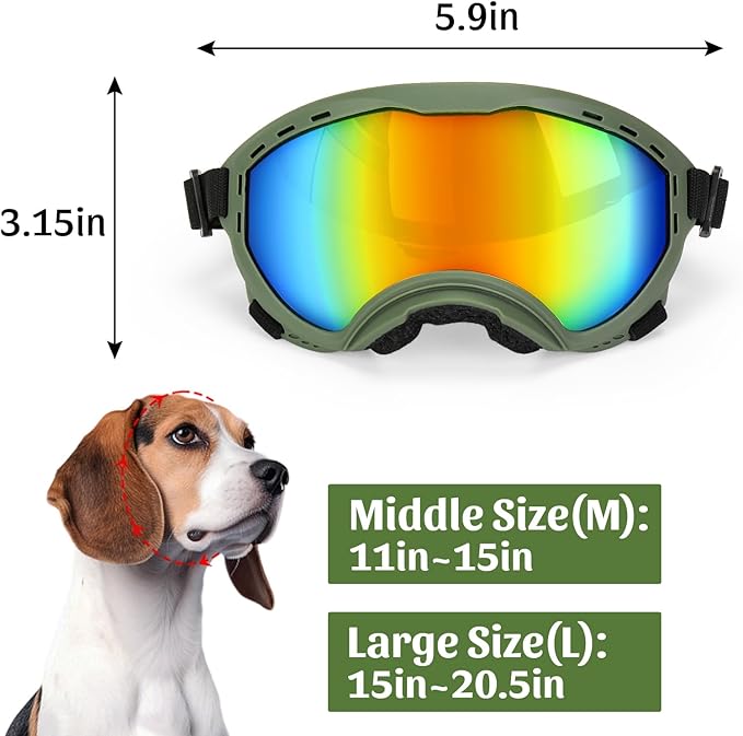 Middle Dog Goggles UV Protection, Dog Sunglasses Transparent Lens, Anti-Fog Snowproof Windproof, Suitable for Medium Dog Outdoor, for Dogs Eyes Protection, Green Box