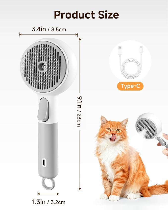 Pet Spray Brush for Cats & Dogs, 3-in-1 Grooming Tool with Steam Mist, 2-Speed Spray Settings, Removes Dander & Deshedding, One-Touch Self-Cleaning Hair Brush, for Long Short Hair Pets