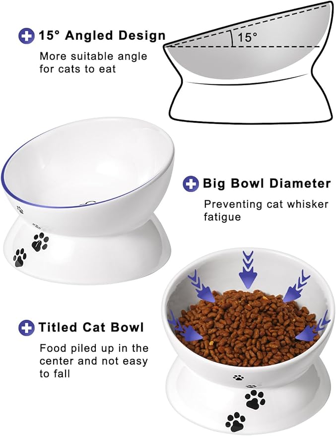 Y YHY Large Raised Cat Food Bowl, 7 Inch Tilted Elevated Bowl, Ceramic Pet Food Bowl for Adult Cats and Medium Dogs, Anti Vomiting, Protects Pet's Spine, Dishwasher Safe