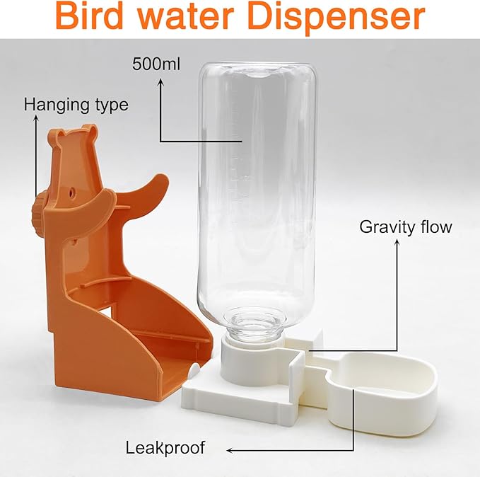 VCEPJH No Mess Bird Feeder and Water Dispenser Automatic Parrot Feeder Cage Accessories Orange Bird Drinker Parakeet Seed Dispenser with Cage Perch for Lovebirds Conures Budgies Canary Finch (Orange)