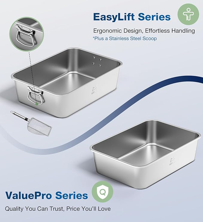 Stainless Steel Litter Box, Large Cat Litter Box with High Sides, Odor-Free, Non-Stick, Easy to Clean, 19.5"×13.6"×7.8", Ideal for Medium to Large Cats, Litter Tray
