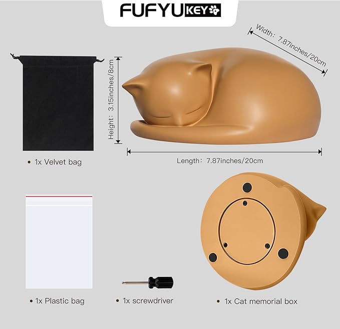 Cat Urn, Orange Resin, Sleeping Kitty Pet Memorial Keepsake Funeral Urn for Cats Ashes, Up to 8kg, 7.87 x 7.87 x 3.15 inches